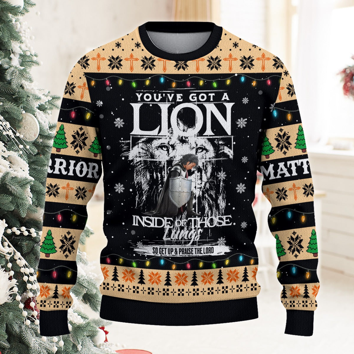 Personalized Warrior Of God, You've Got a Lion Inside of Those Lungs Christmas Ugly Sweatshirt