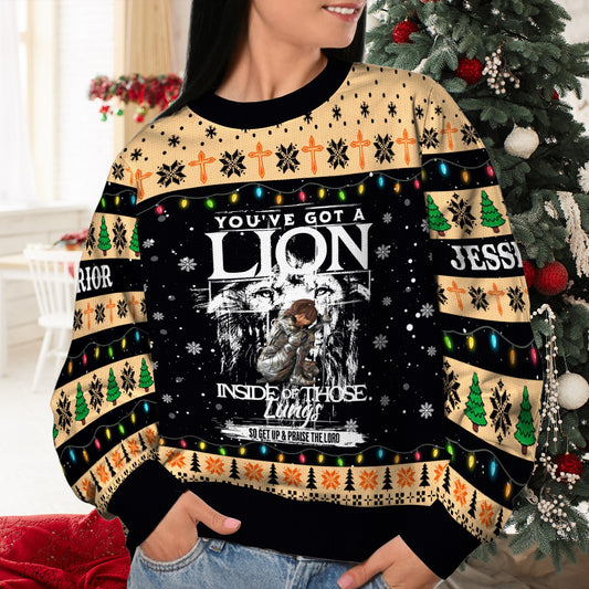 Personalized Warrior Of God, You've Got a Lion Inside of Those Lungs Christmas Ugly Sweatshirt