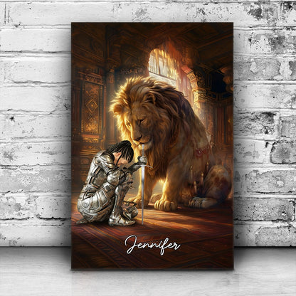 Personalized Warrior of God Kneeling with Lion of Judah Poster Canvas
