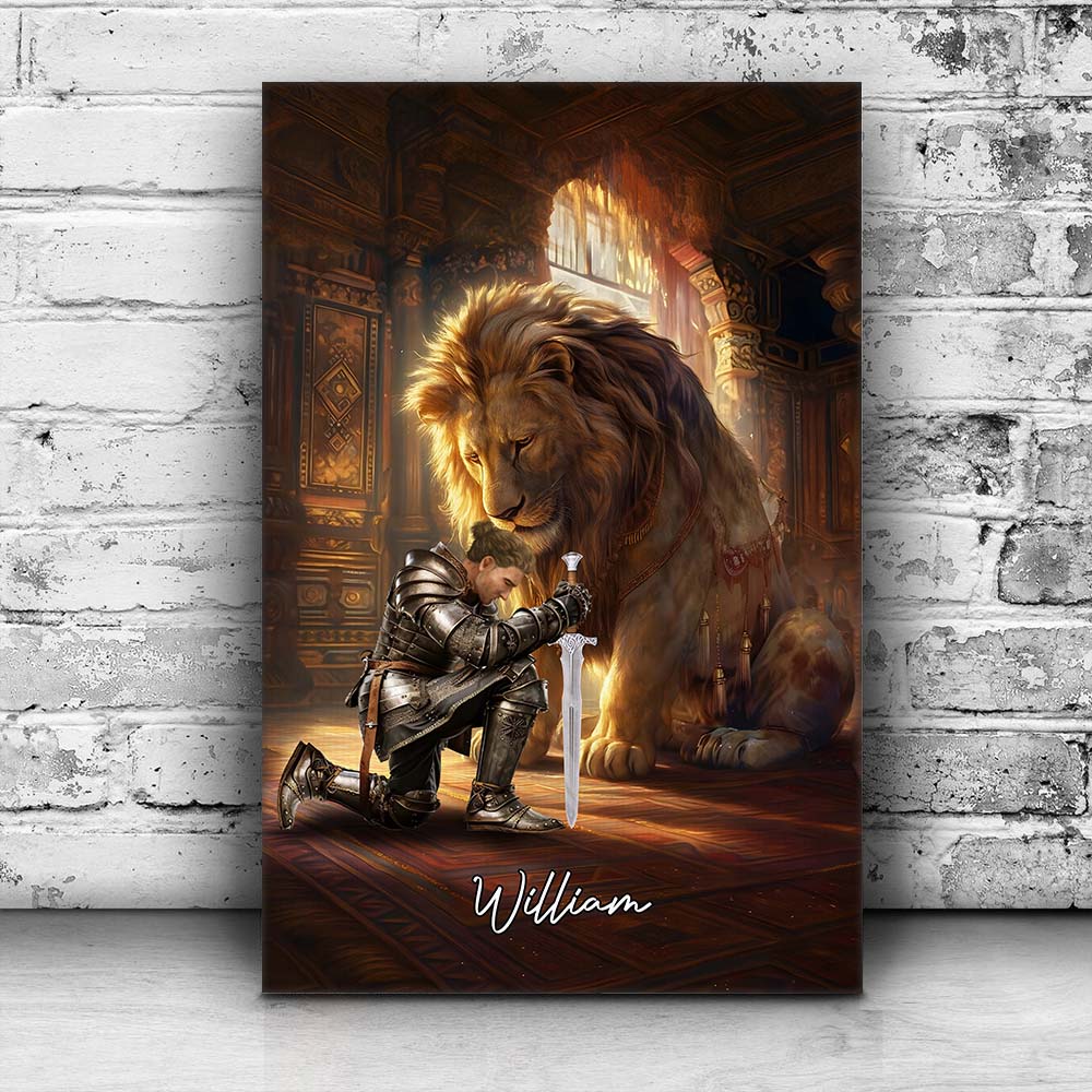 Personalized Warrior of God Kneeling with Lion of Judah Poster Canvas