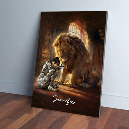 Personalized Warrior of God Kneeling with Lion of Judah Poster Canvas