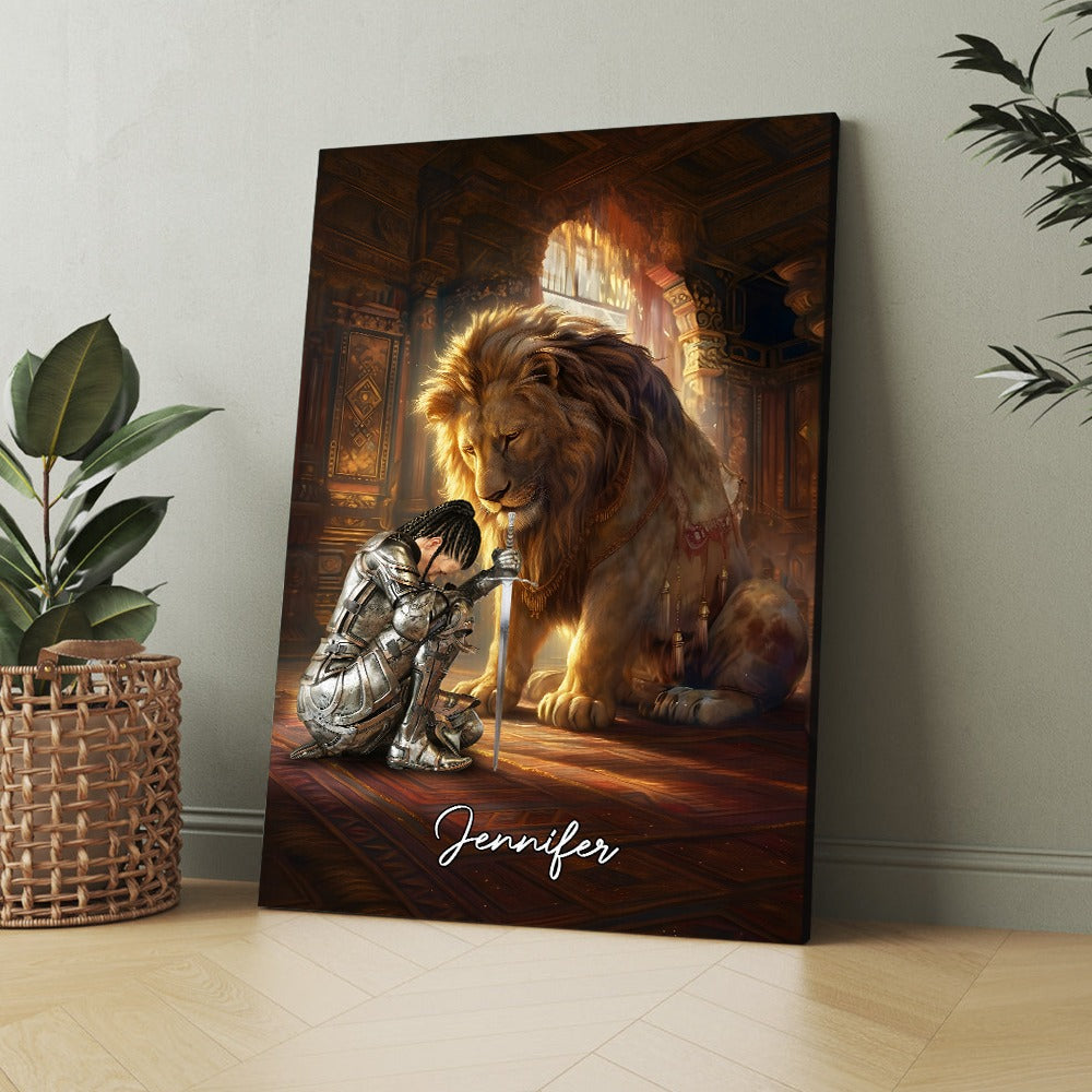 Personalized Warrior of God Kneeling with Lion of Judah Poster Canvas