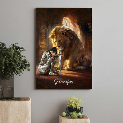 Personalized Warrior of God Kneeling with Lion of Judah Poster Canvas