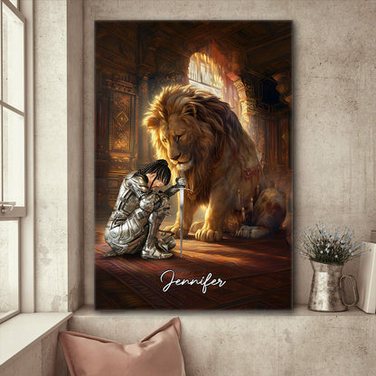 Personalized Warrior of God Kneeling with Lion of Judah Poster Canvas
