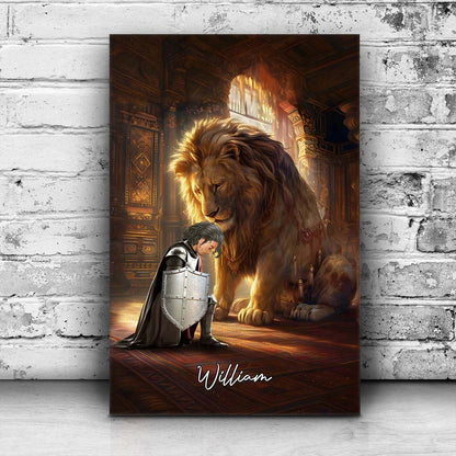 Personalized Warrior of God Kneeling with Lion of Judah Poster Canvas