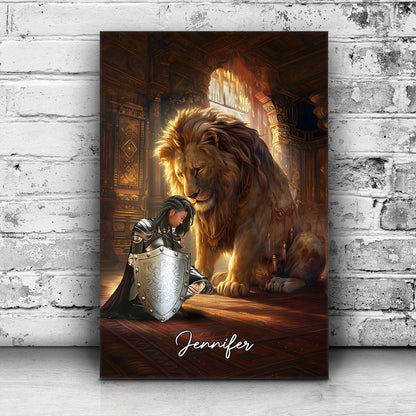 Personalized Warrior of God Kneeling with Lion of Judah Poster Canvas