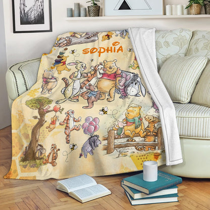 Personalized Watercolor Winnie The Pooh Blanket, Bear And Friends Blanket