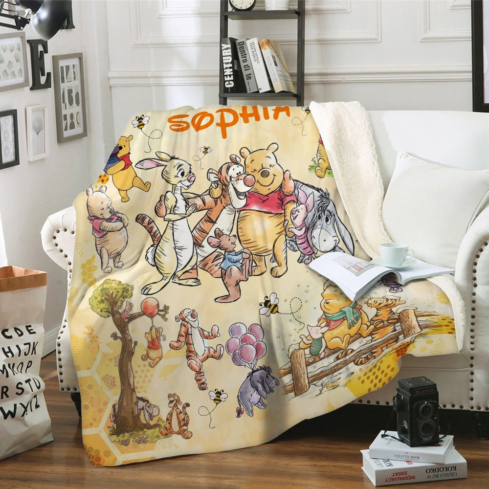 Personalized Watercolor Winnie The Pooh Blanket, Bear And Friends Blanket