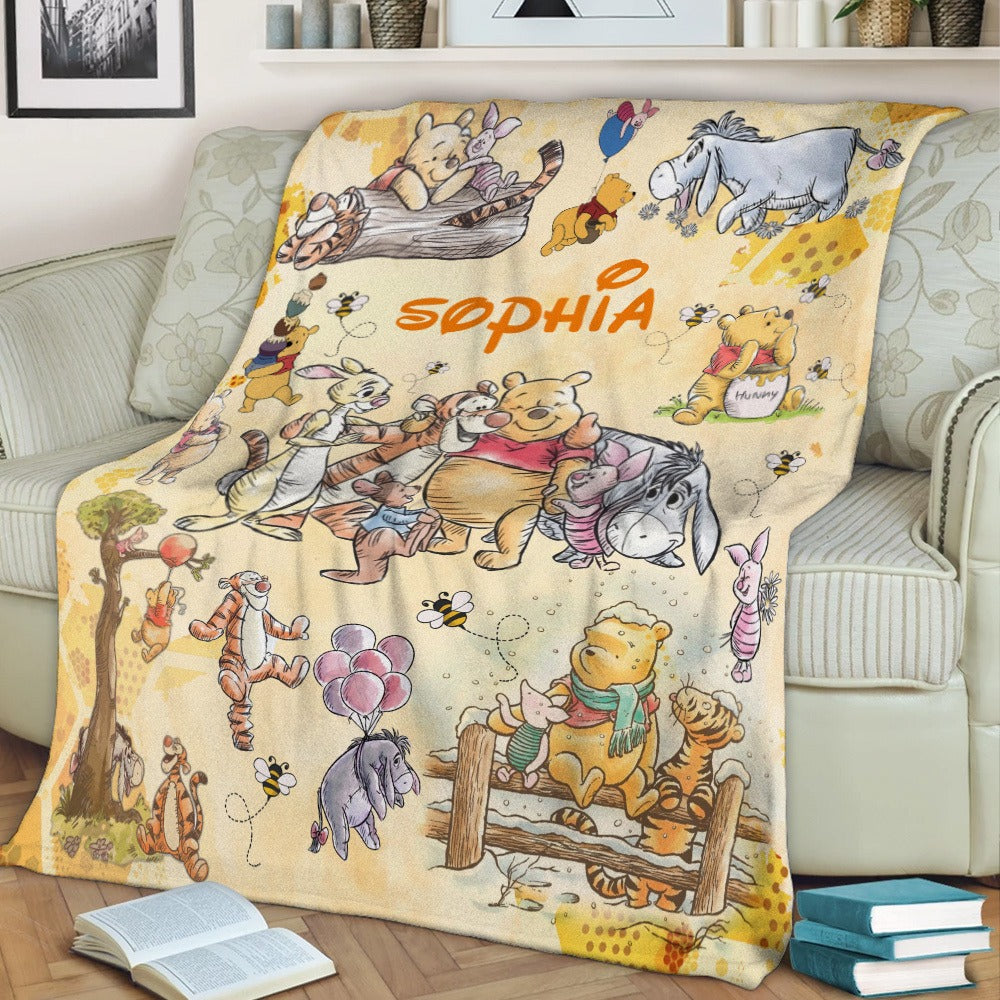 Personalized Watercolor Winnie The Pooh Blanket, Bear And Friends Blanket