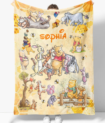 Personalized Watercolor Winnie The Pooh Blanket, Bear And Friends Blanket