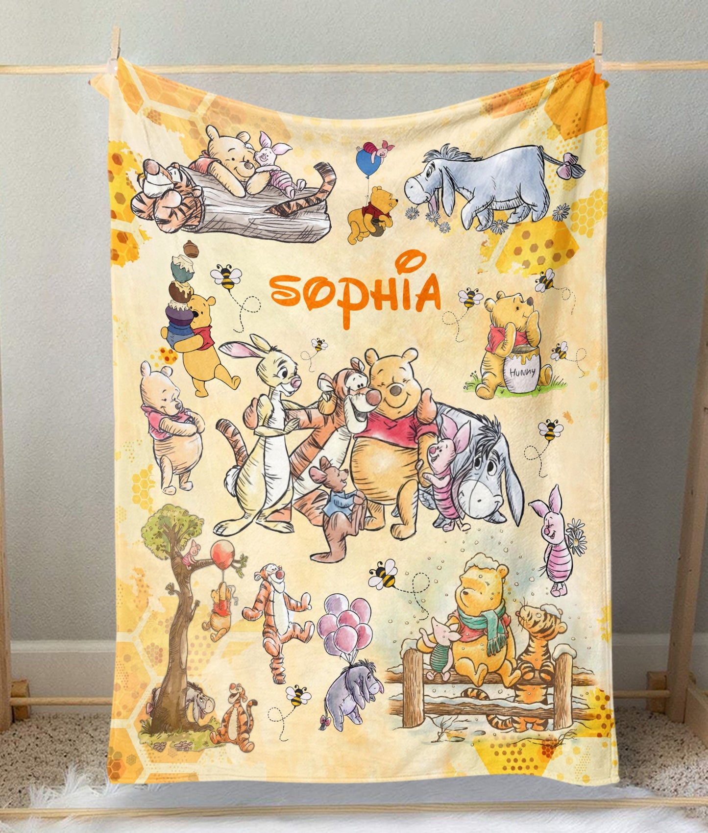 Personalized Watercolor Winnie The Pooh Blanket, Bear And Friends Blanket