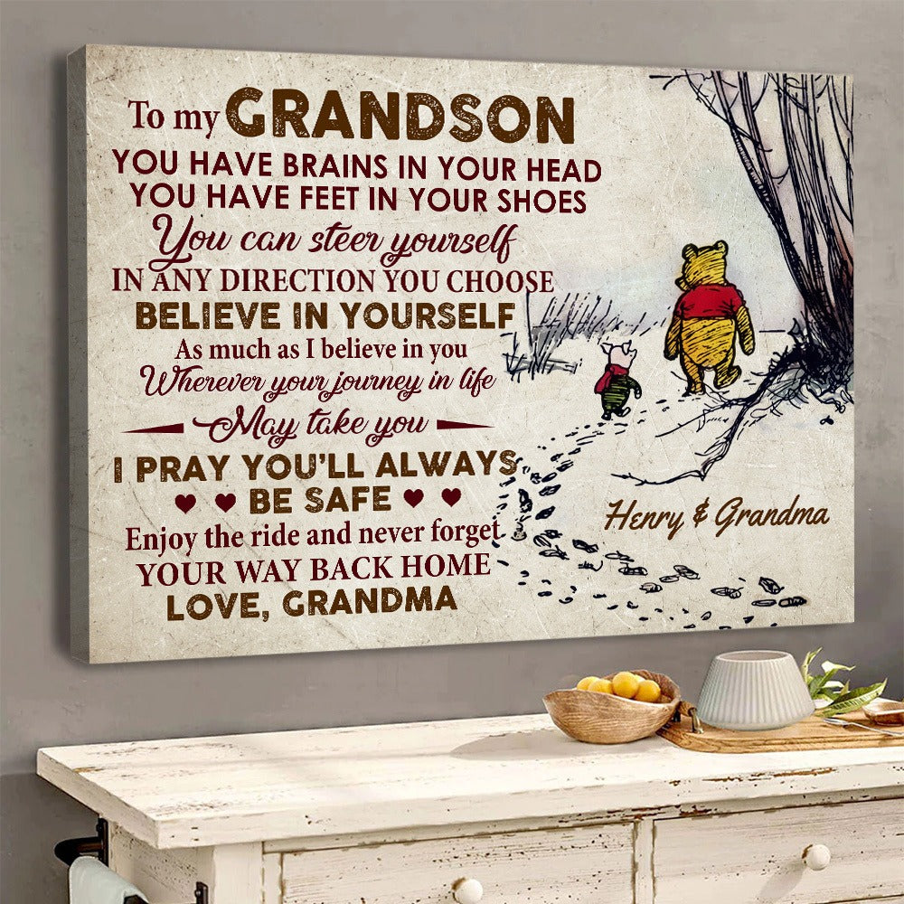 Personalized Winnie Honey Bear And Piggy Grandma To My Grandson You Have Brains In Your Head Poster Canvas