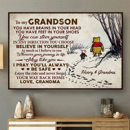 Personalized Winnie Honey Bear And Piggy Grandma To My Grandson You Have Brains In Your Head Poster Canvas