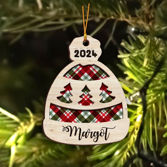 Personalized Winter Beanie Hat Christmas 2-Layer Wooden Ornament