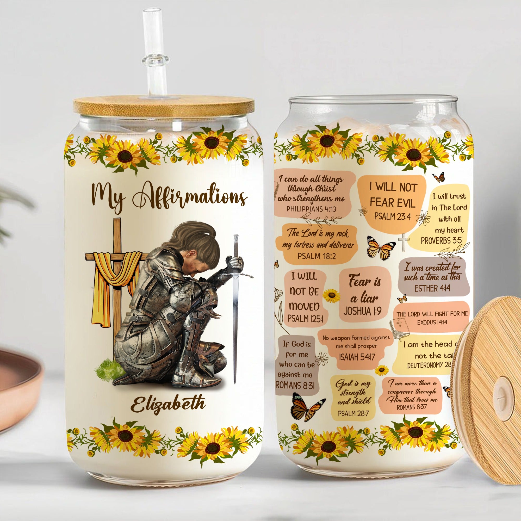 Personalized Woman Warrior Armor Of God Christian Bible Verse Affirmations Clear Glass Can
