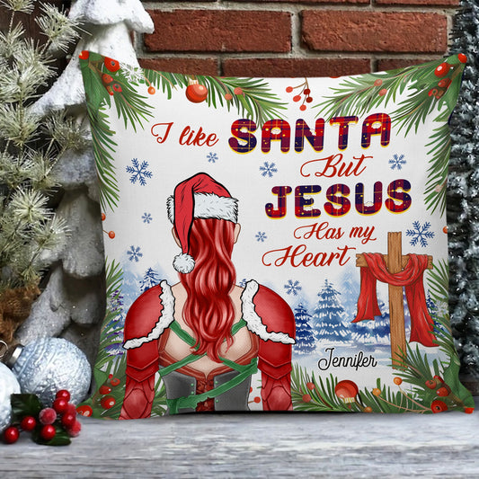 Personalized Woman Warrior Christmas Of God I Like Santa But Jesus Has My Heart Pillow