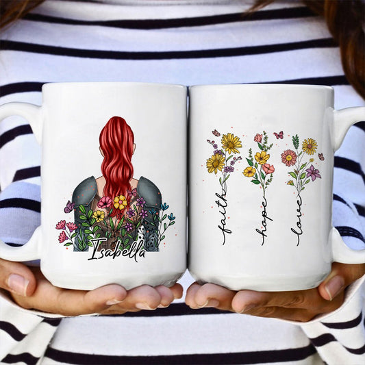 Personalized Woman Warrior Faith Hope Love Wildflowers Christian White Mug
