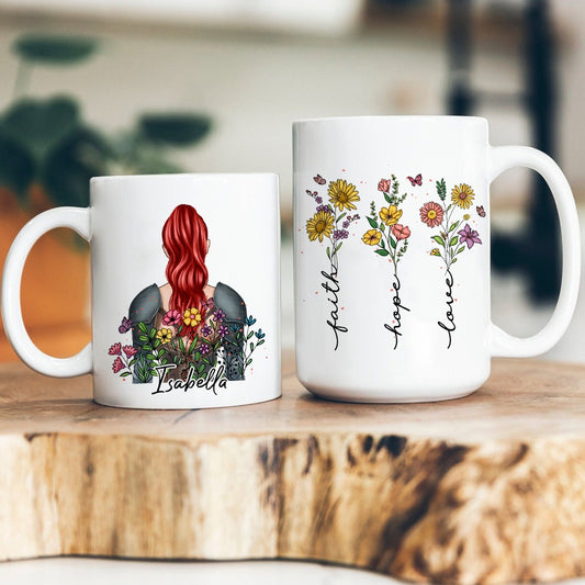 Personalized Woman Warrior Faith Hope Love Wildflowers Christian White Mug