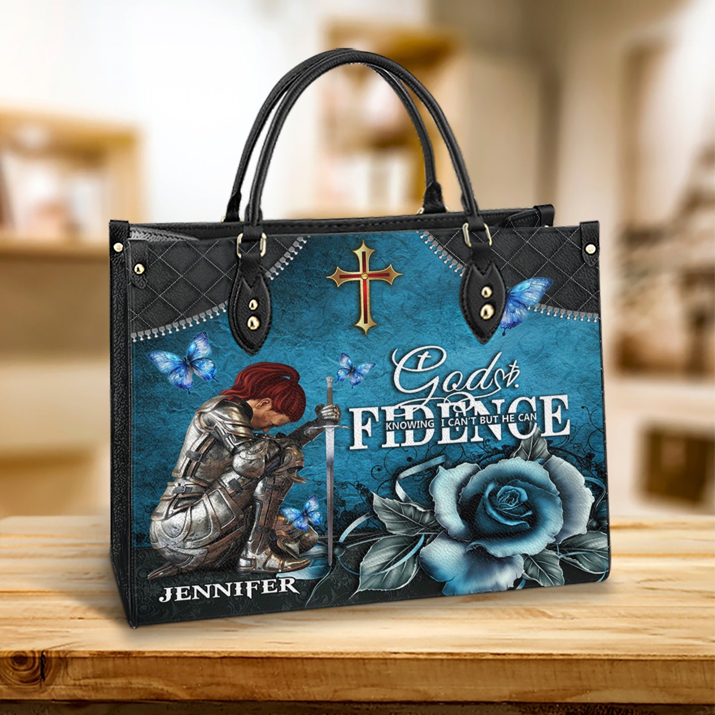 Personalized Woman Warrior God Fidence Knowing I Can Not But He Can Leather Bag