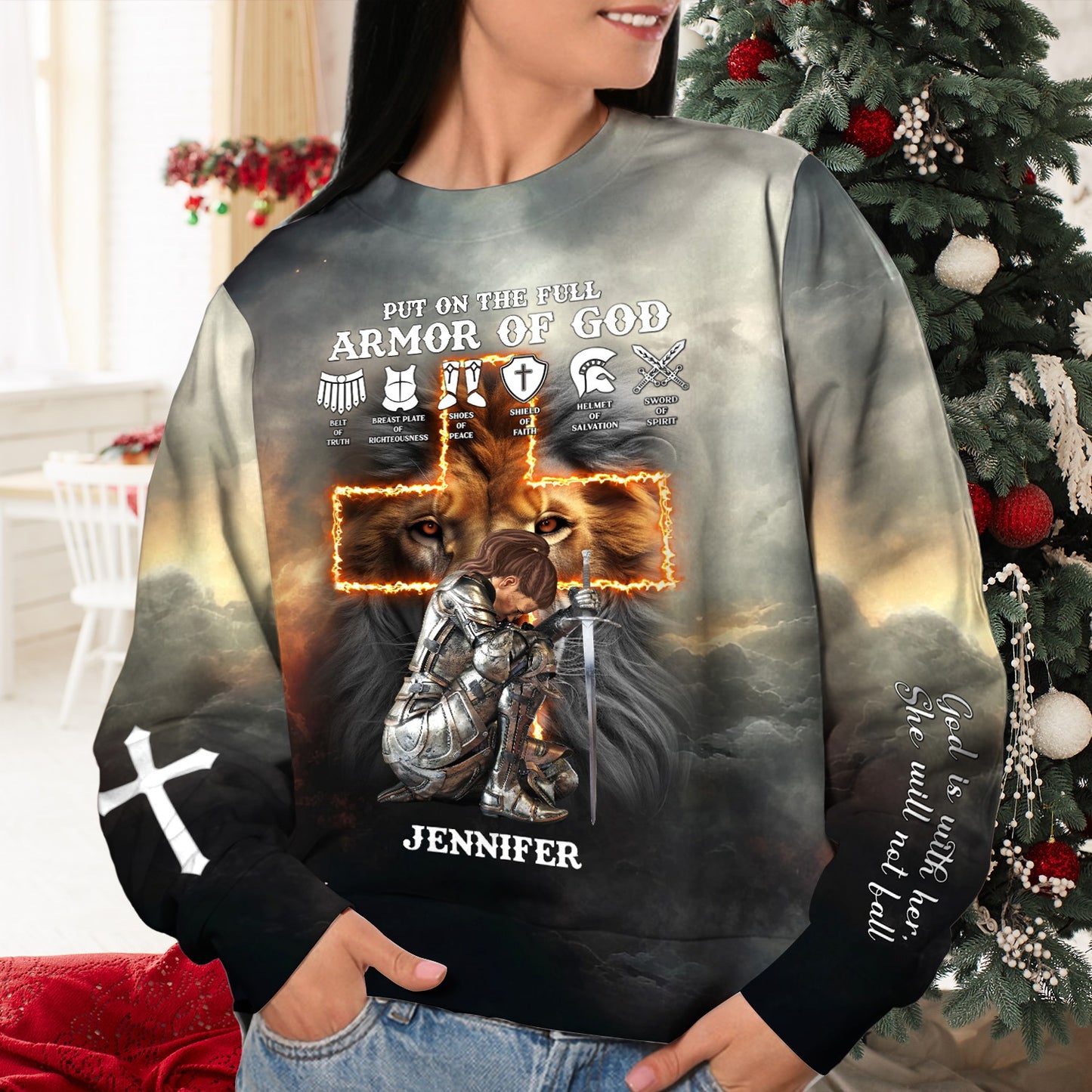 Personalized Woman Warrior God Is With Her, Armor Of God Ephesians 6-10 3D All Over Print T-Shirt And Hoodie