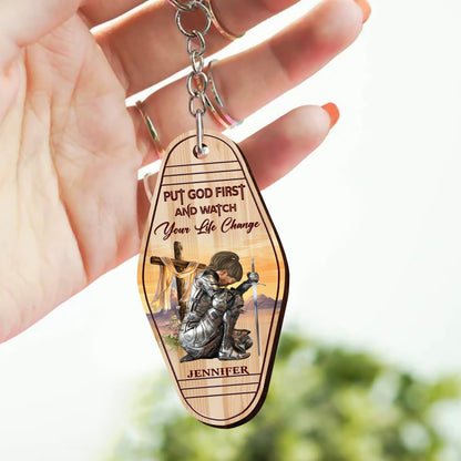 Personalized Warrior Of God Put God First And Watch Your Life Change Wooden Keychain