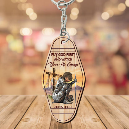 Personalized Warrior Of God Put God First And Watch Your Life Change Wooden Keychain