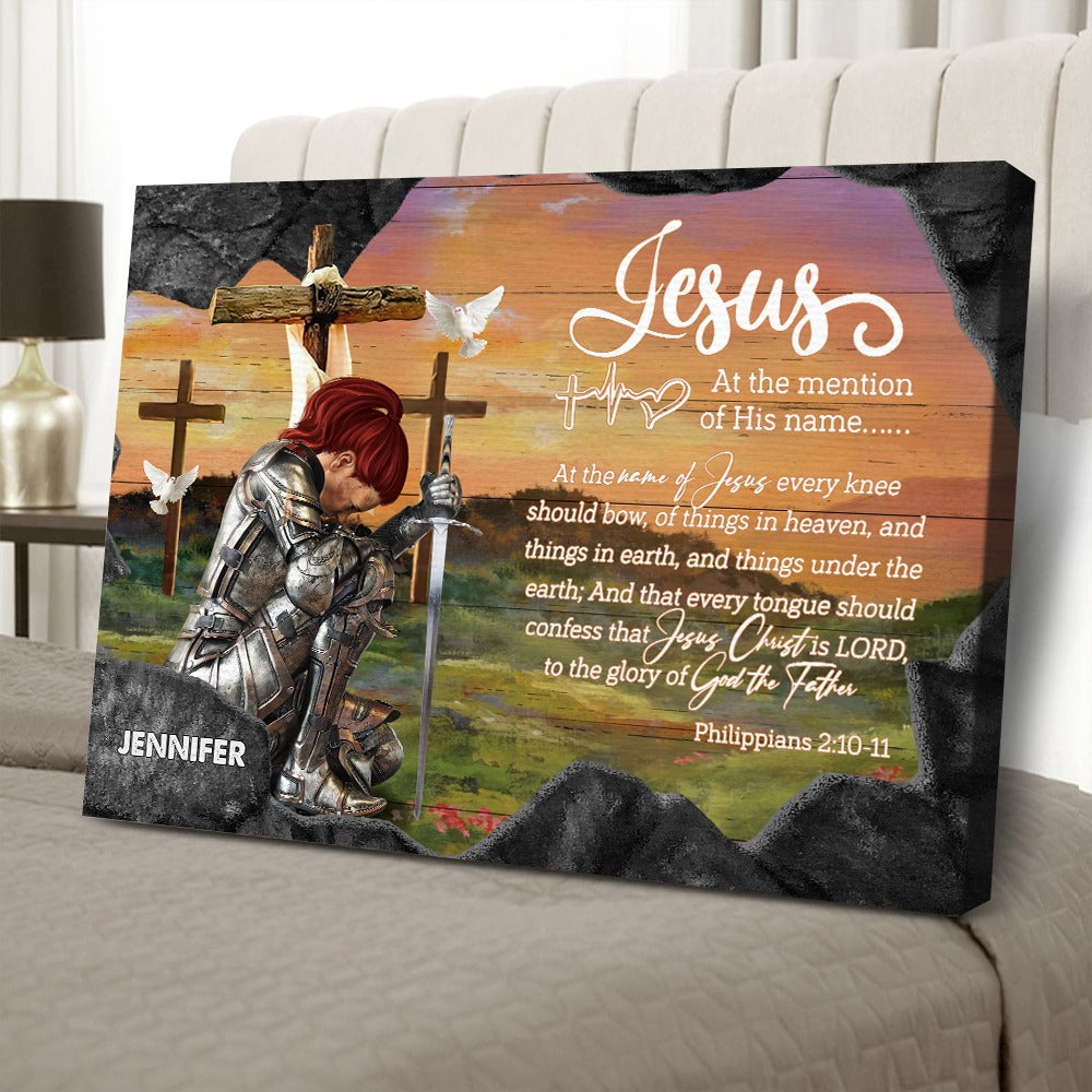 Personalized Woman Warrior Jesus At The Mention of His Name Every Knee Shall Bow Philippians 2:10-11 Canvas Prints