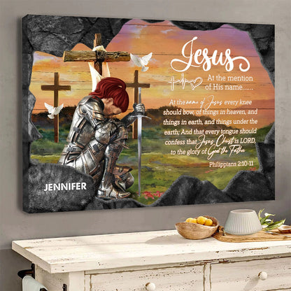 Personalized Woman Warrior Jesus At The Mention of His Name Every Knee Shall Bow Philippians 2:10-11 Poster Canvas