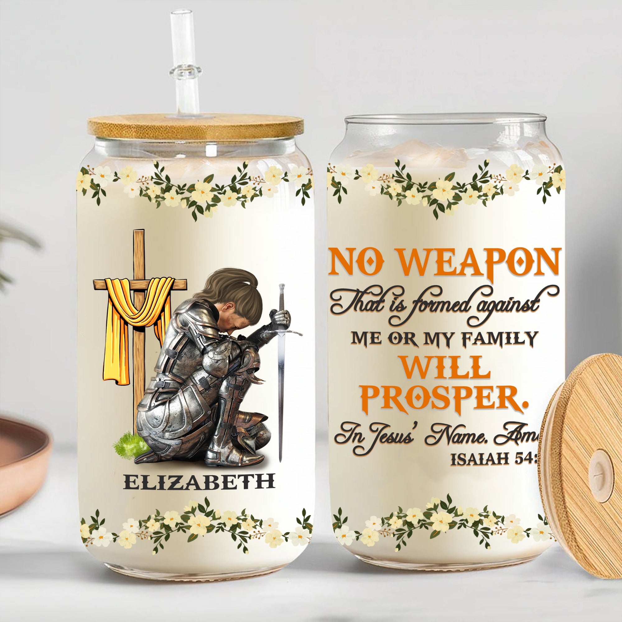 Personalized Woman Warrior No Weapon Formed Against Us Shall Prosper-Isaiah 54:17 Clear Glass Can