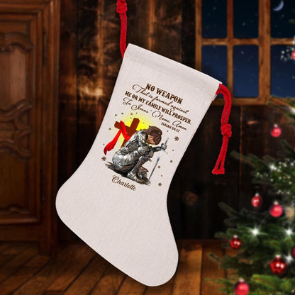 Personalized Woman Warrior No Weapon Formed Against Us Shall Prosper-Isaiah 54:17 Natural Christmas Stocking