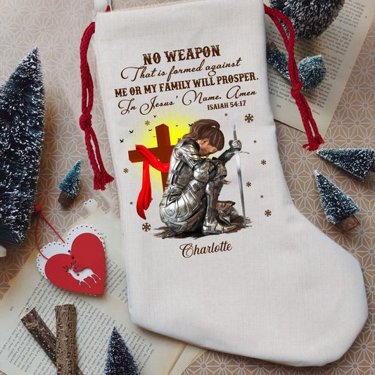 Personalized Woman Warrior No Weapon Formed Against Us Shall Prosper-Isaiah 54:17 Natural Christmas Stocking