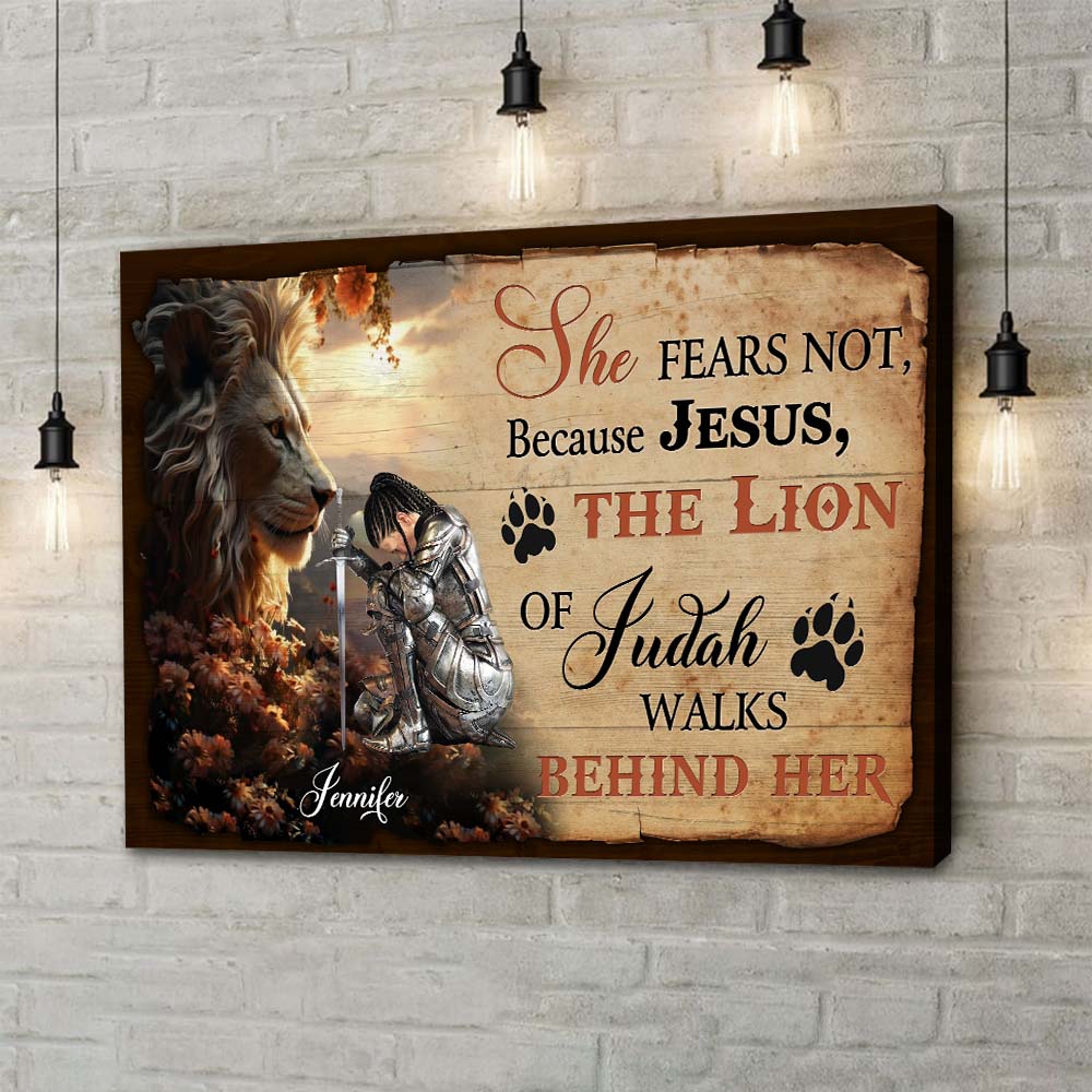 Personalized Woman Warrior of God She Fears Not Because Jesus Walks Behind Her Poster Canvas