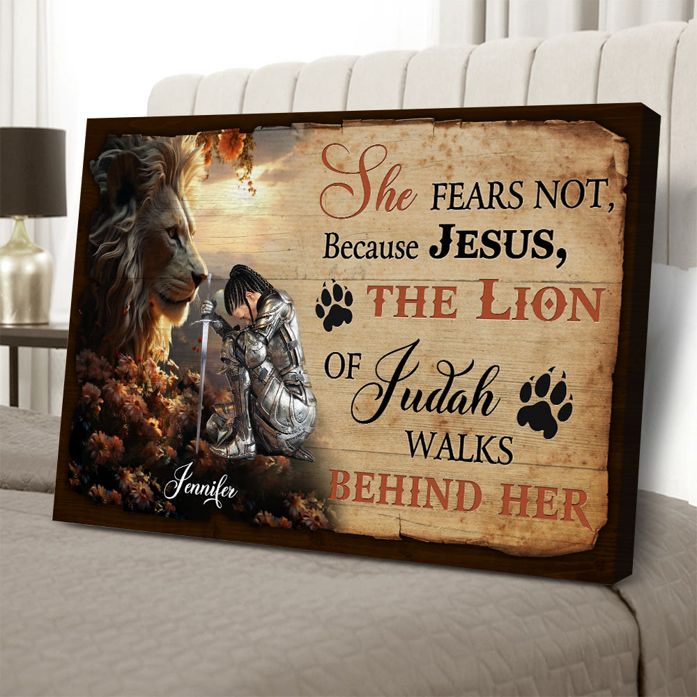 Personalized Woman Warrior of God She Fears Not Because Jesus Walks Behind Her Poster Canvas