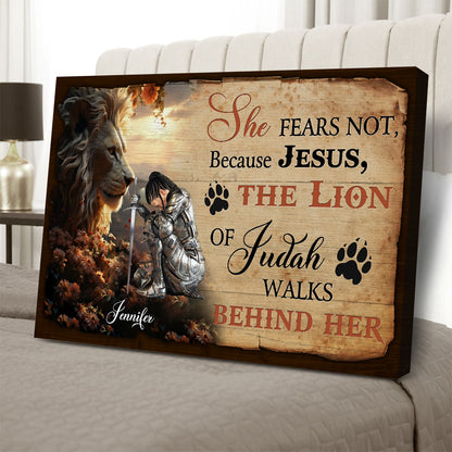 Personalized Woman Warrior of God She Fears Not Because Jesus Walks Behind Her Poster Canvas