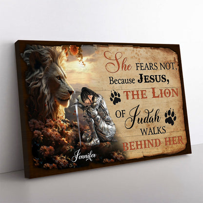 Personalized Woman Warrior of God She Fears Not Because Jesus Walks Behind Her Poster Canvas