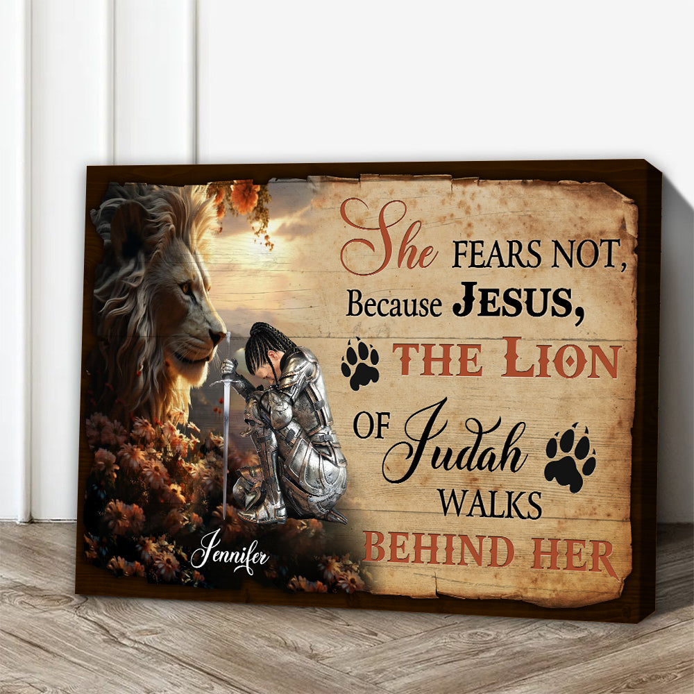 Personalized Woman Warrior of God She Fears Not Because Jesus Walks Behind Her Poster Canvas