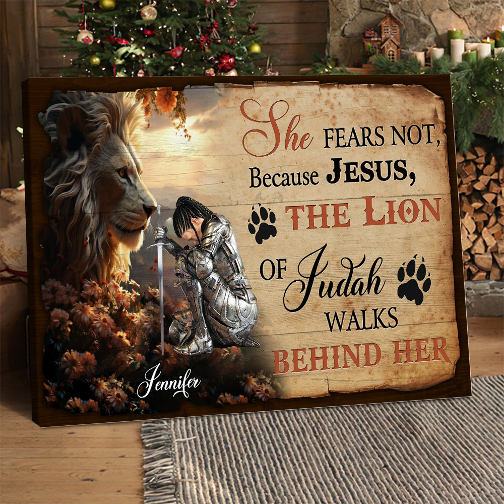 Personalized Woman Warrior of God She Fears Not Because Jesus Walks Behind Her Poster Canvas