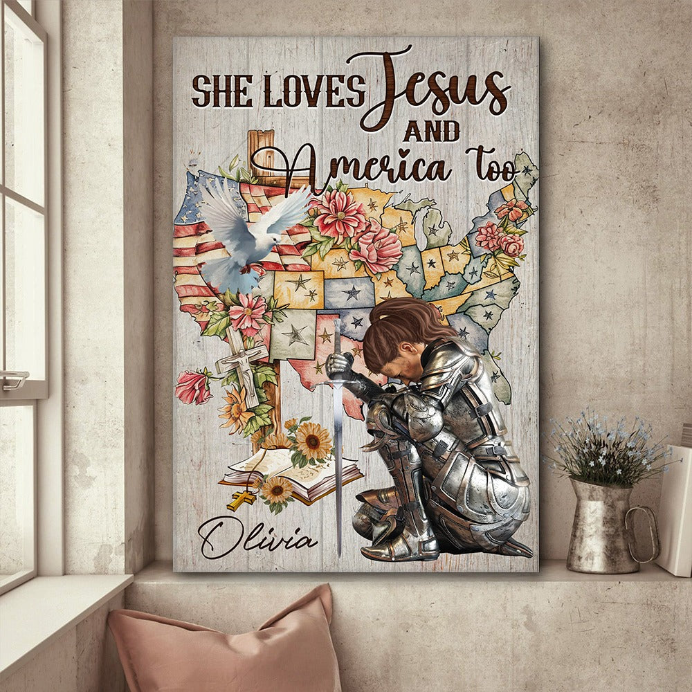 Personalized Woman Warrior Of God She Loves Jesus And America Too Poster Canvas