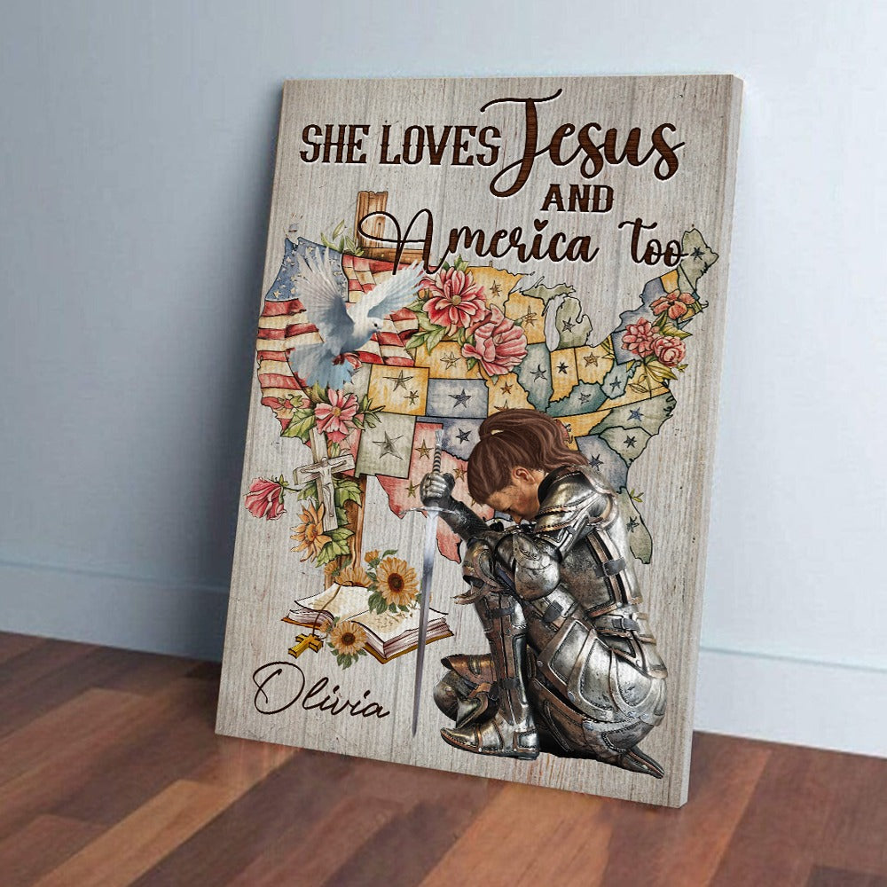 Personalized Woman Warrior Of God She Loves Jesus And America Too Poster Canvas