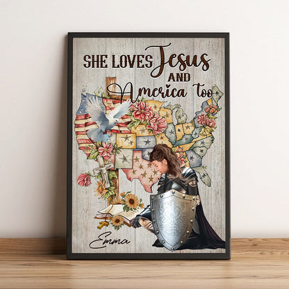 Personalized Woman Warrior Of God She Loves Jesus And America Too Poster Canvas