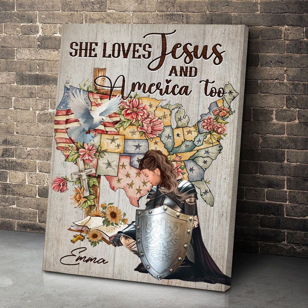 Personalized Woman Warrior Of God She Loves Jesus And America Too Poster Canvas