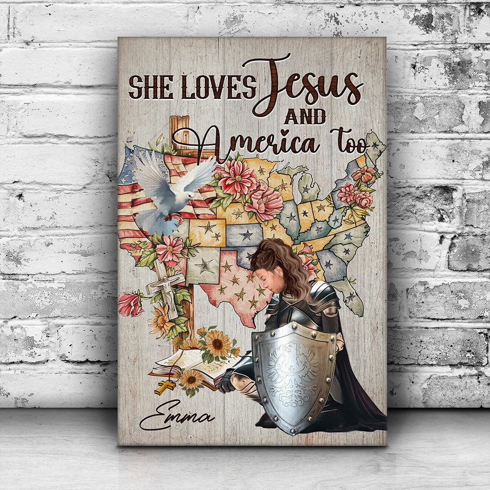 Personalized Woman Warrior Of God She Loves Jesus And America Too Poster Canvas