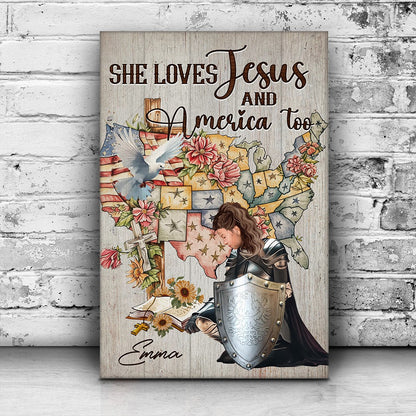 Personalized Woman Warrior Of God She Loves Jesus And America Too Poster Canvas