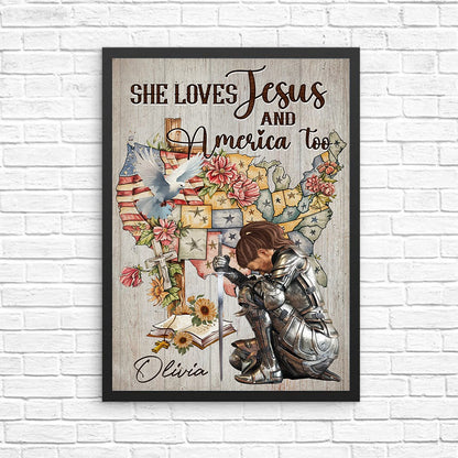 Personalized Woman Warrior Of God She Loves Jesus And America Too Poster Canvas