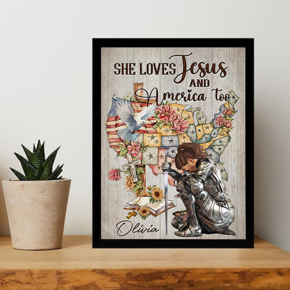 Personalized Woman Warrior Of God She Loves Jesus And America Too Poster Canvas