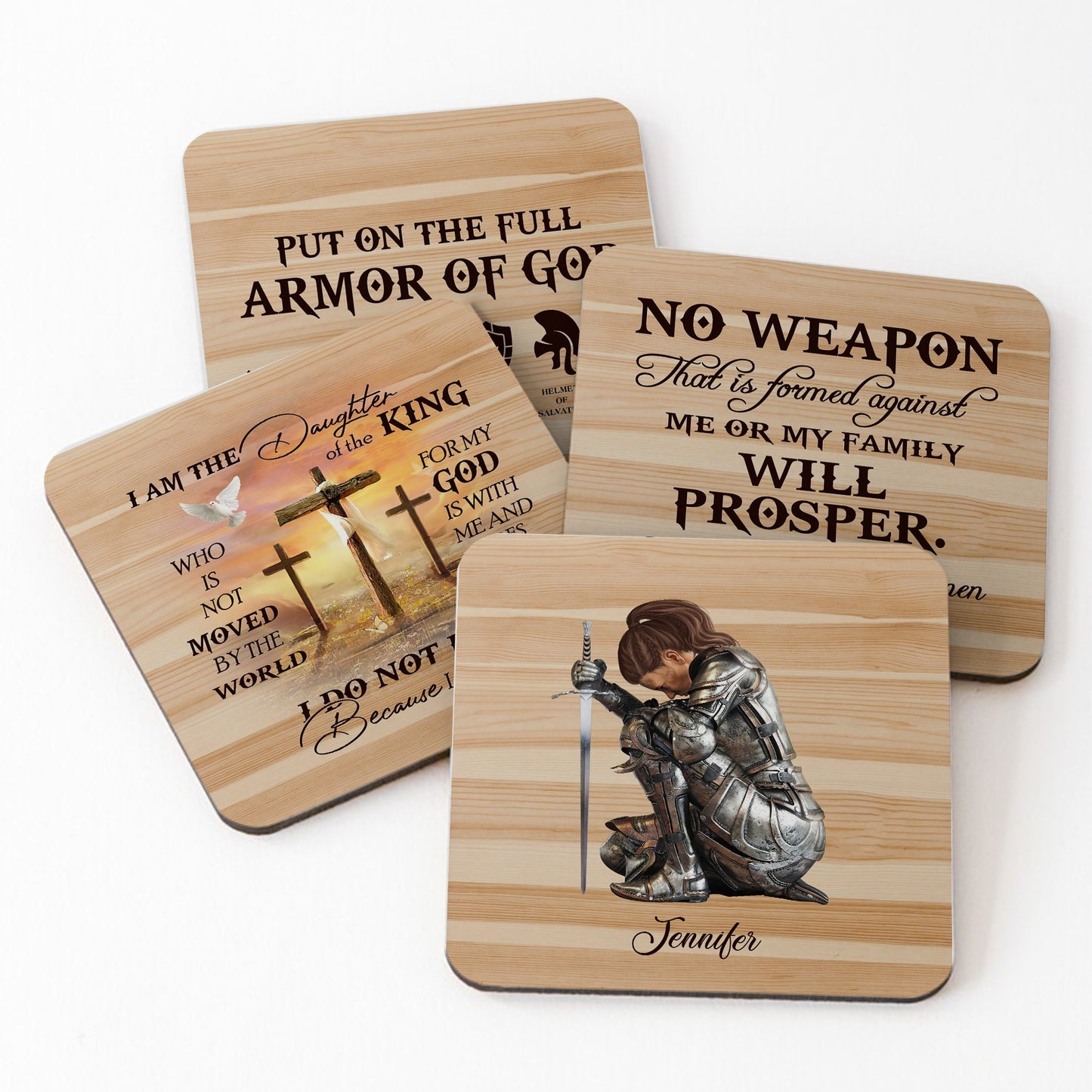 Personalized Woman Warrior Put On Armor Of God-Daughter Of King-Prosper Isaiah 54:17 Stone Coasters (Set Of 4)