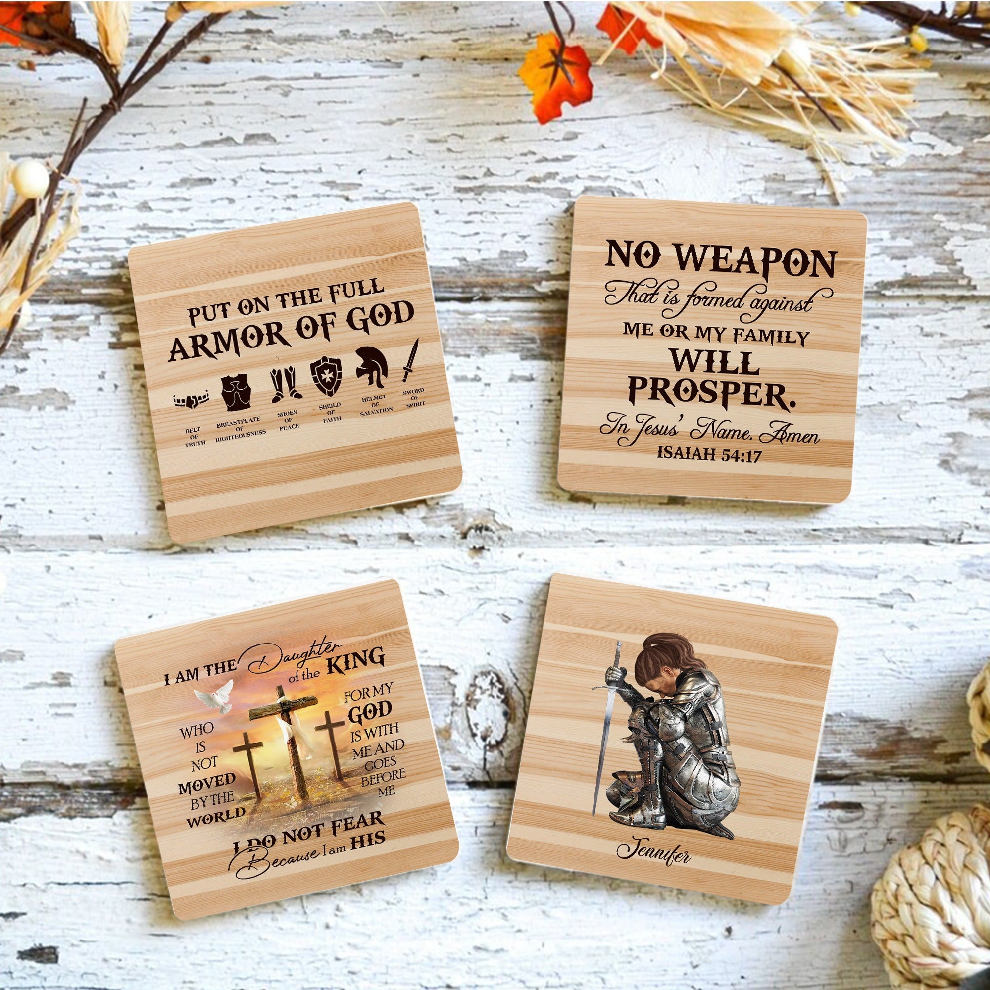Personalized Woman Warrior Put On Armor Of God-Daughter Of King-Prosper Isaiah 54:17 Stone Coasters (Set Of 4)