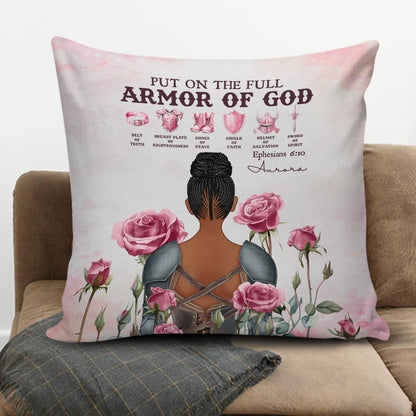 Personalized Woman Warrior Put On The Full Armor Of God Ephesians 6:10 Canvas Throw Pillow