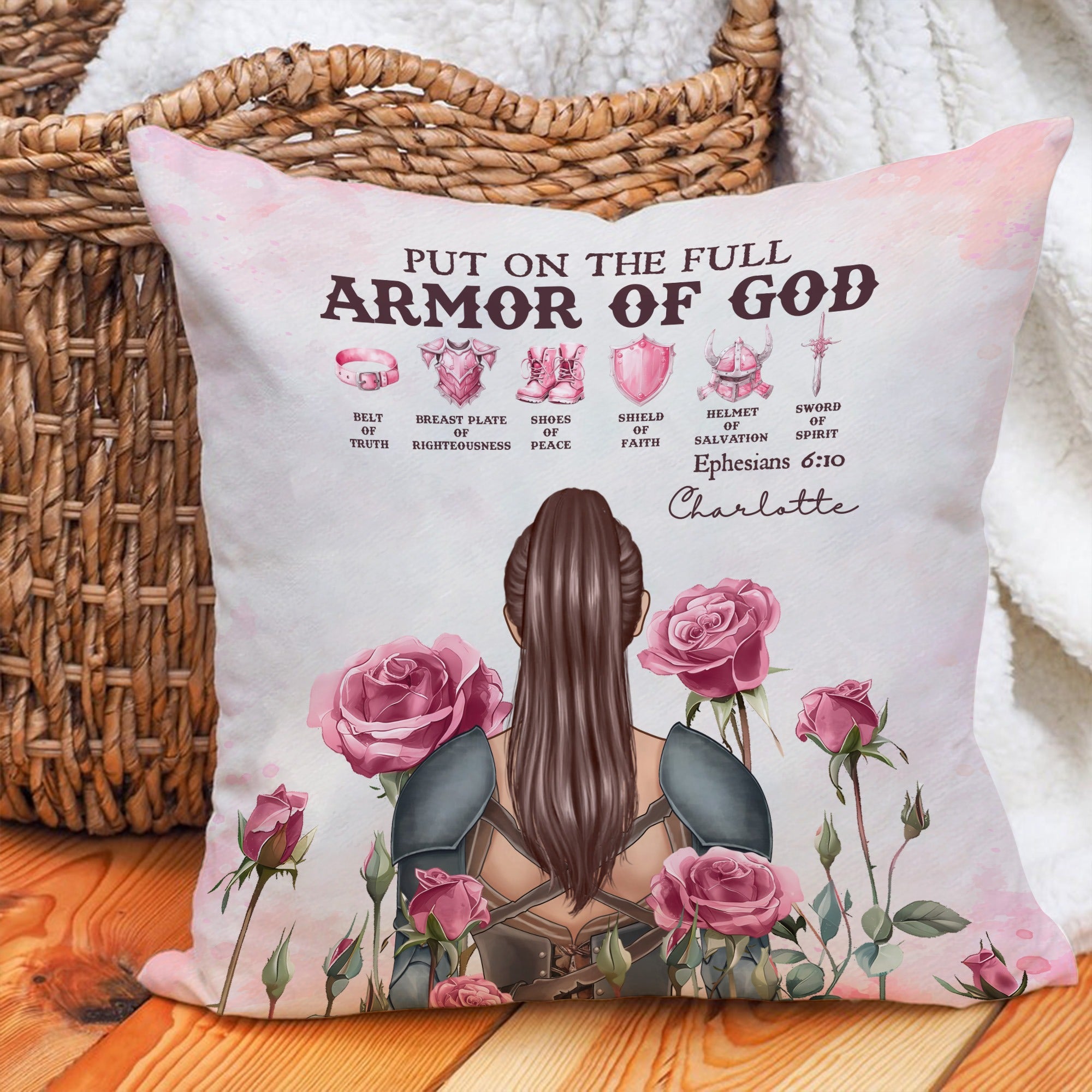 Personalized Woman Warrior Put On The Full Armor Of God Ephesians 6:10 Canvas Throw Pillow
