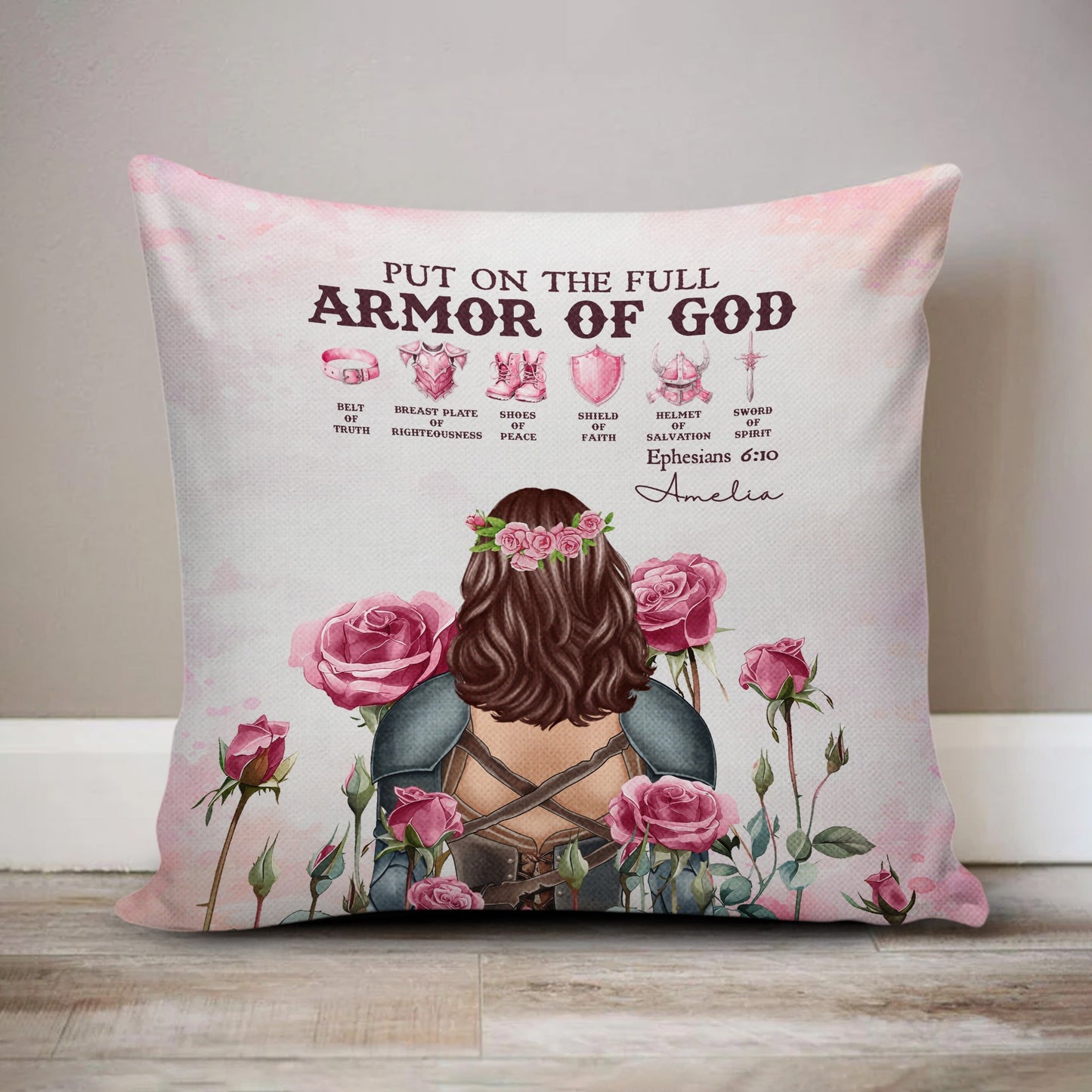 Personalized Woman Warrior Put On The Full Armor Of God Ephesians 6:10 Canvas Throw Pillow